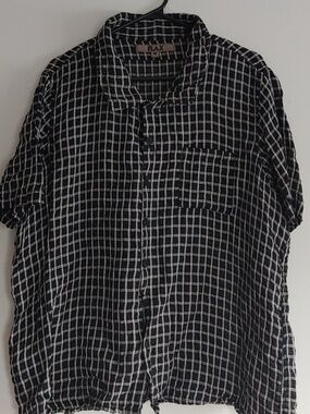 Flax Linen Casual Button Down. Size M. Checkered Pattern Black And White